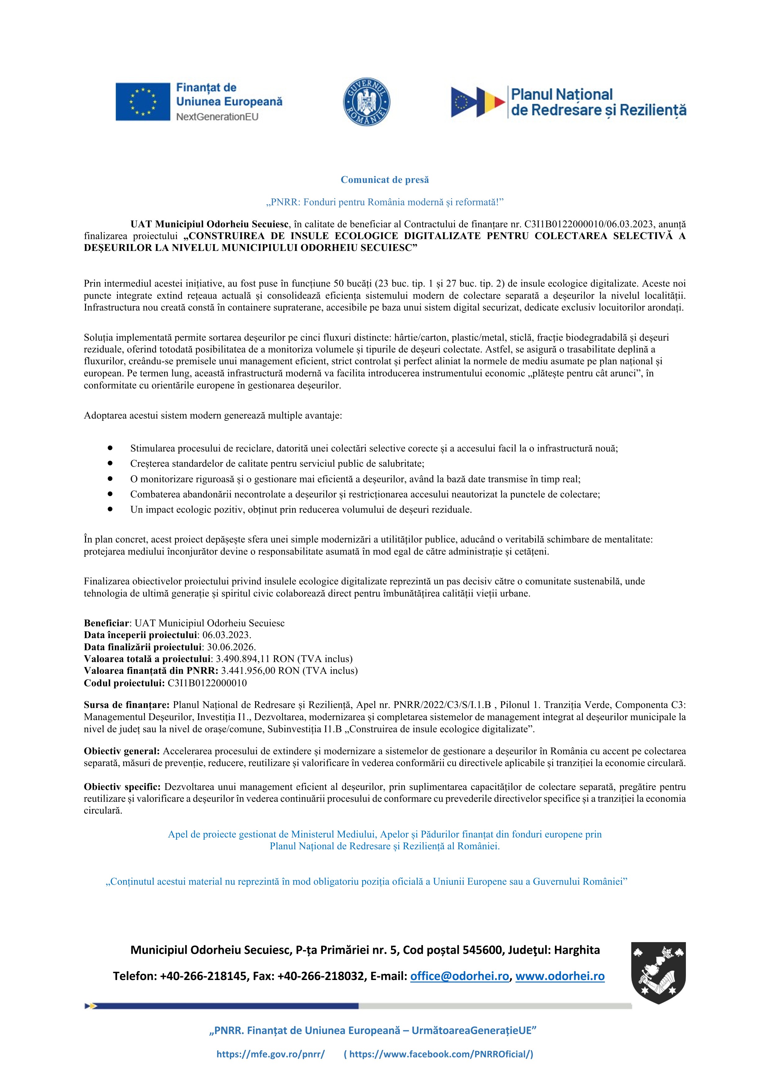 Comunicat finalizare insule ecologice 22 05 2026